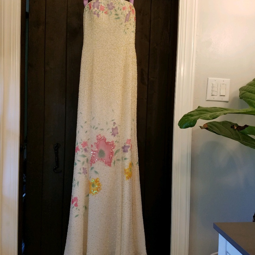 Strapless beaded handpainted prom dress v back